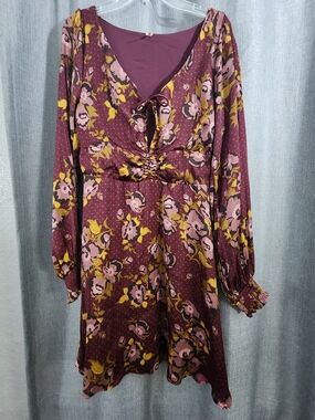 Free People Plum Floral Long Sleeve Tie-Front Dress